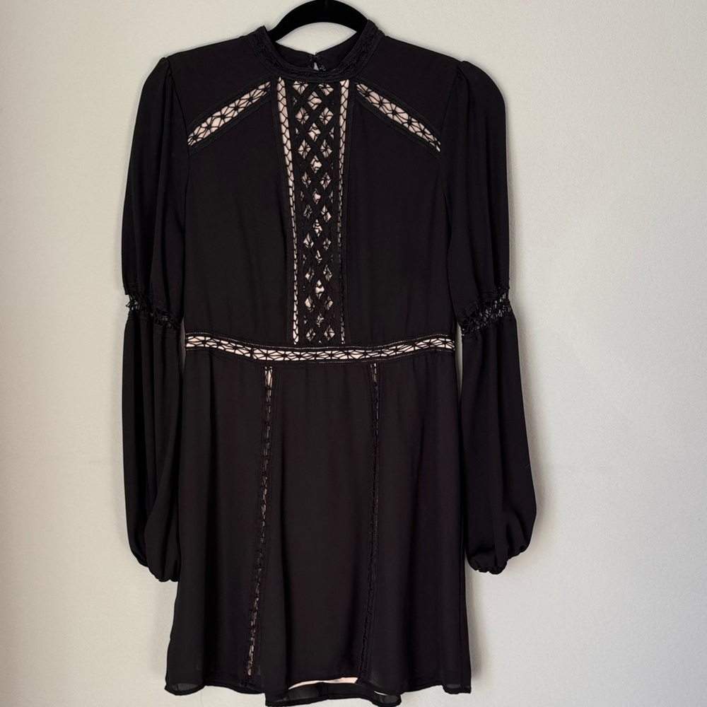 Express Elegant Black Long Sleeve Dress with Lace Details